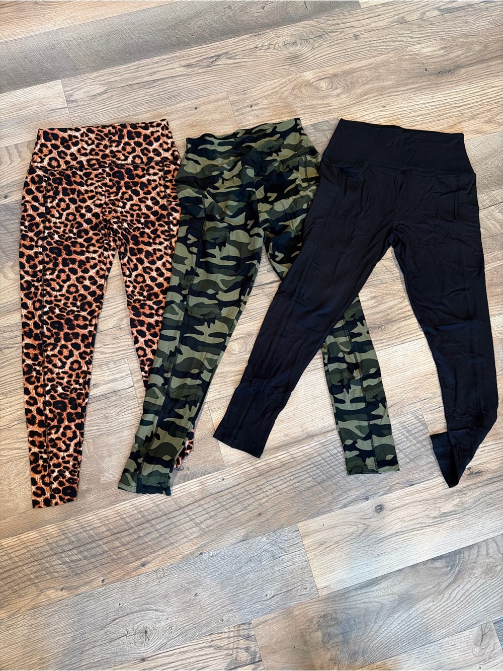 Amazon Women's Leggings Pack - Leopard Print, Camo Green, Solid Black